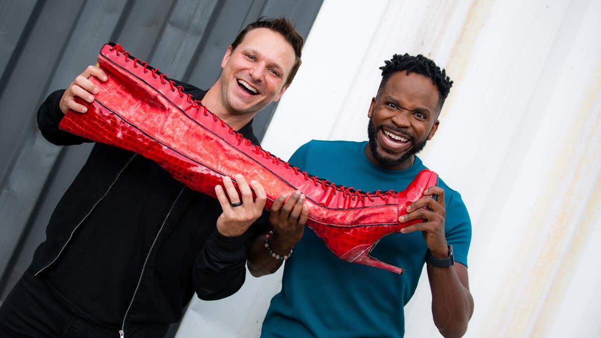 Drew Lachey, left, and Kenneth Mosley star in Music Theatre Wichita’s production of “Kinky Boots,” which opens on Wednesday.
