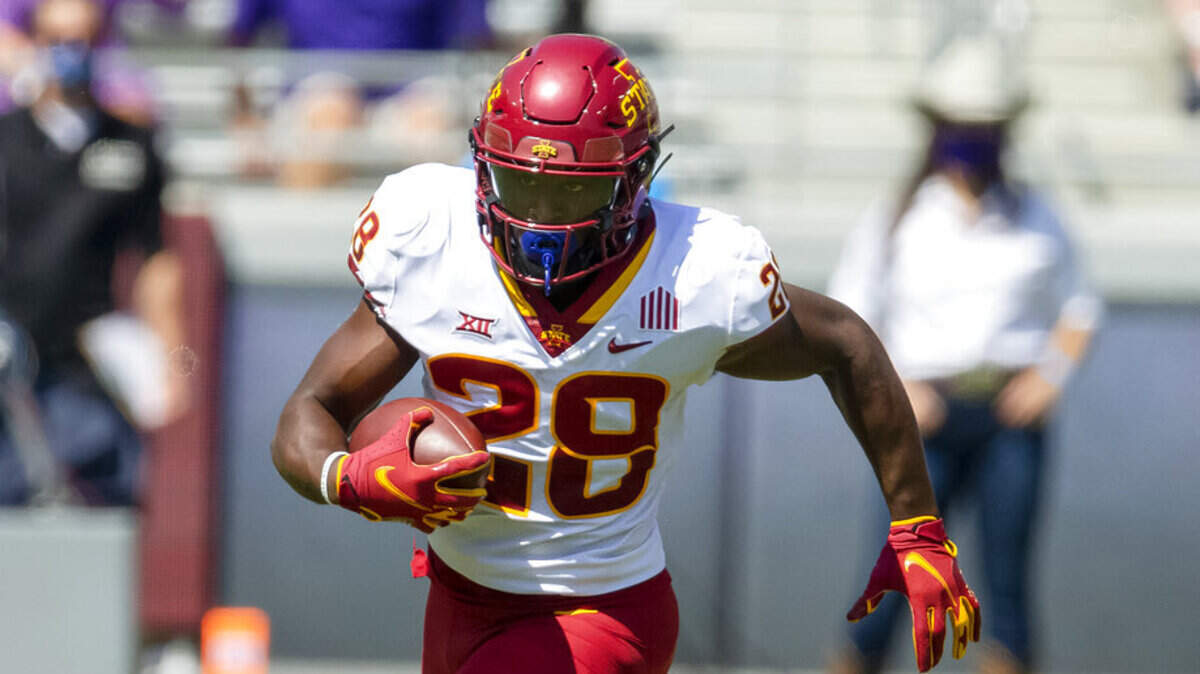 Iowa State running back Breece Hall (28) carries the ball during an NCAA football game against TCU on Saturday, Sept. 26, 2020 in Fort Worth, Texas. Iowa won 37-34. (AP Photo/Brandon Wade)