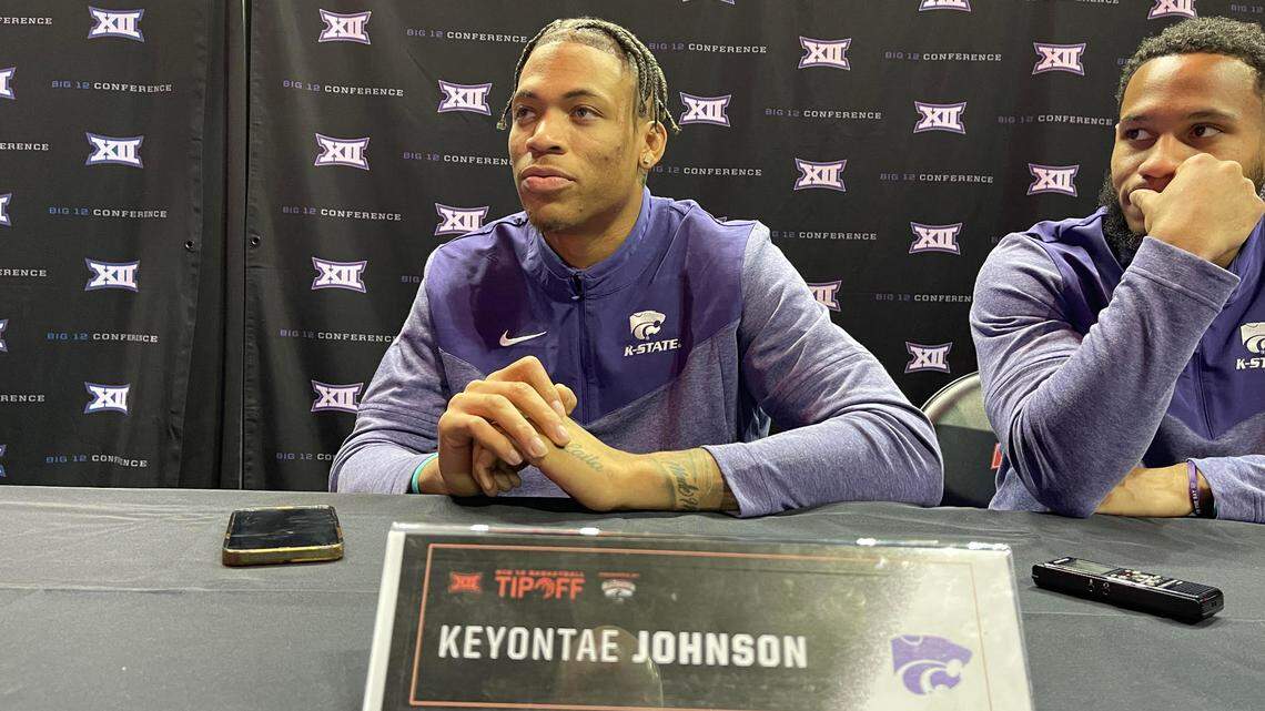 Kansas State senior Keyontae Johnson talks at Big 12 basketball media day in Kansas City.