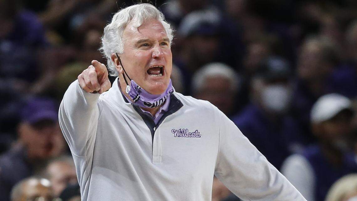 Kansas State coach Bruce Weber yells instructions to his team during the first half against Wichita State on Sunday.