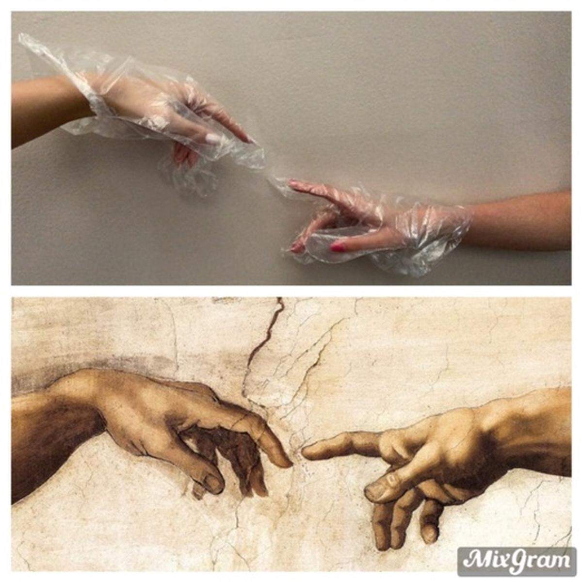 Newman University art appreciation student Emily Metzger recreated a piece of Michelangelo’s “The Creation of Adam” adding a topical twist with the addition of plastic gloves.