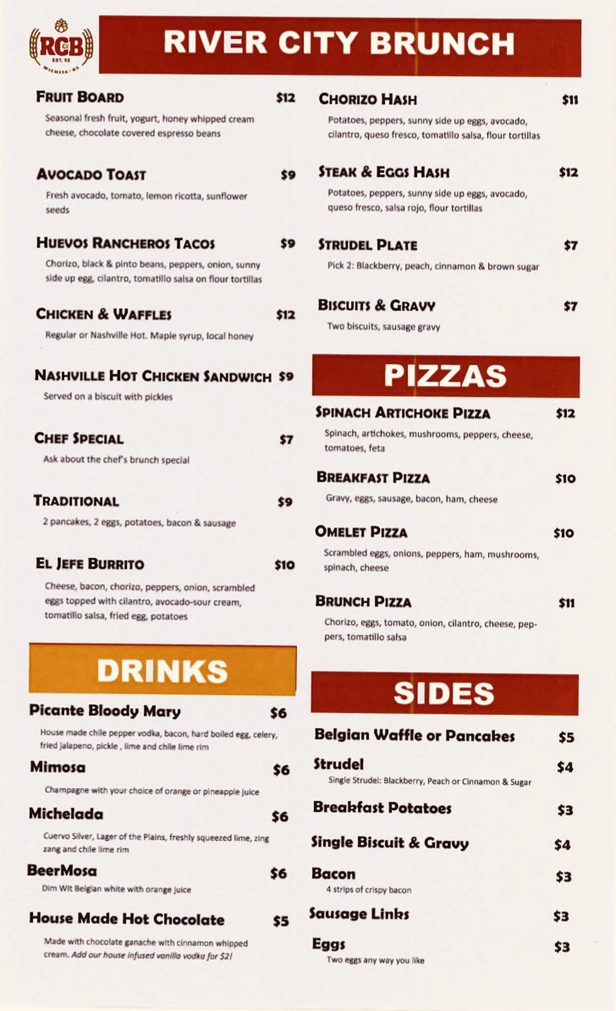 River City Brewing Company’s brunch menu, served from 9 a.m. to 2 p.m. on Sundays