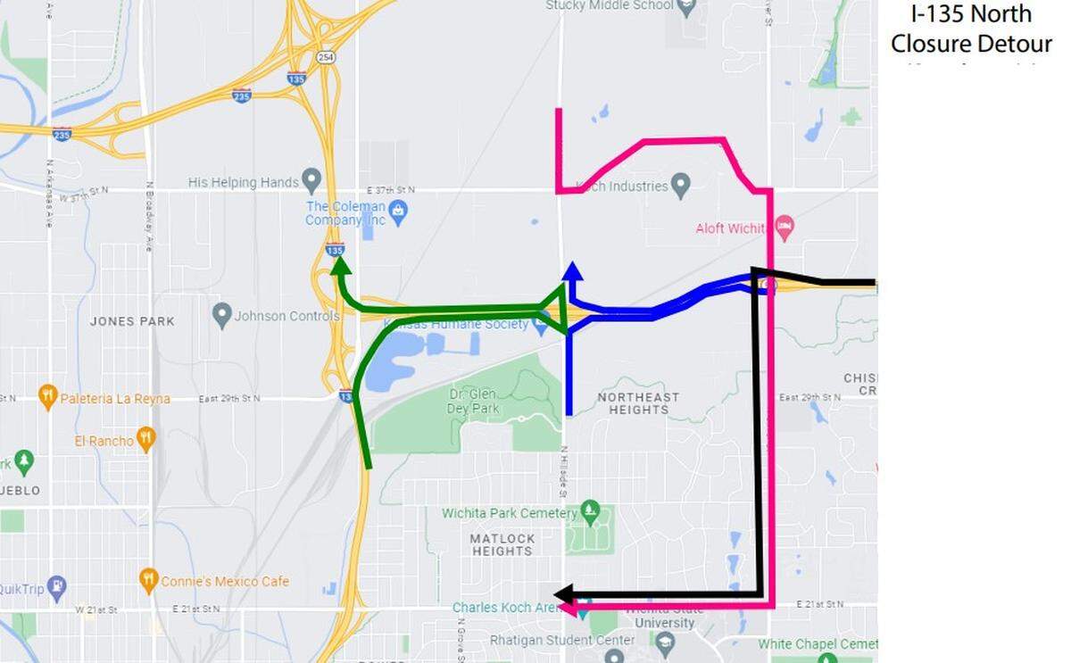 I-135 North closures and detours (Sunday 7/9)
