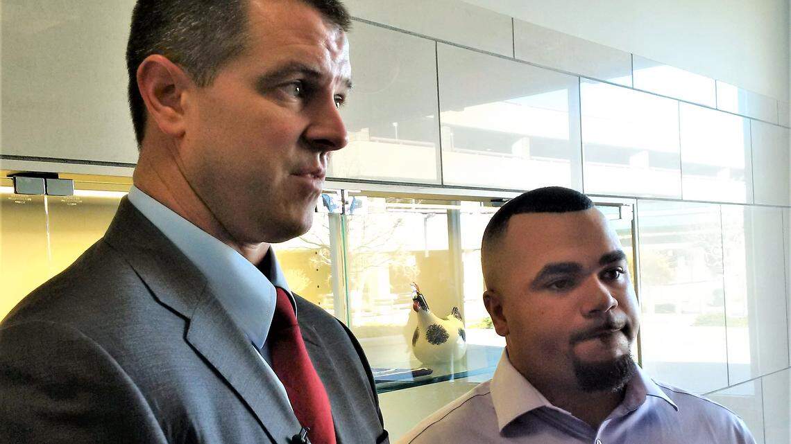 Vixen’s Erotic Sports Bar owner Jeran Trotter, right, and his lawyer Chris O’Hara, left, say they’ll appeal a City Council decision denying the bar’s entertainment license.