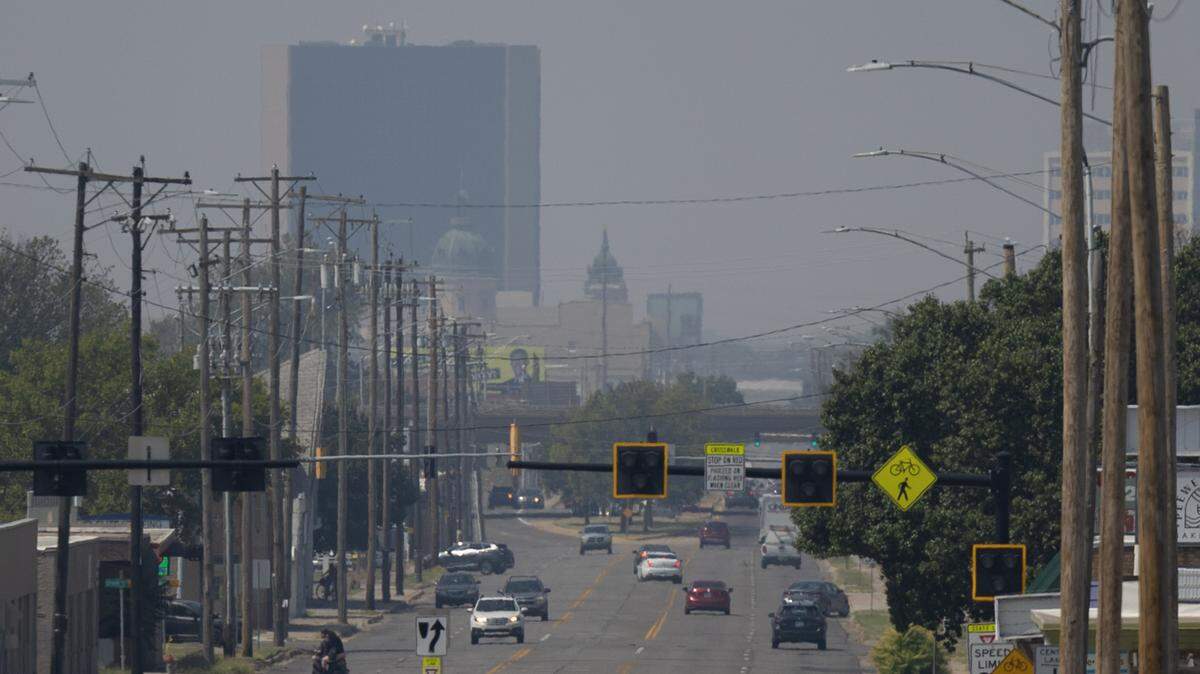 City Hall, as viewed from northeast Wichita on a smoggy day.