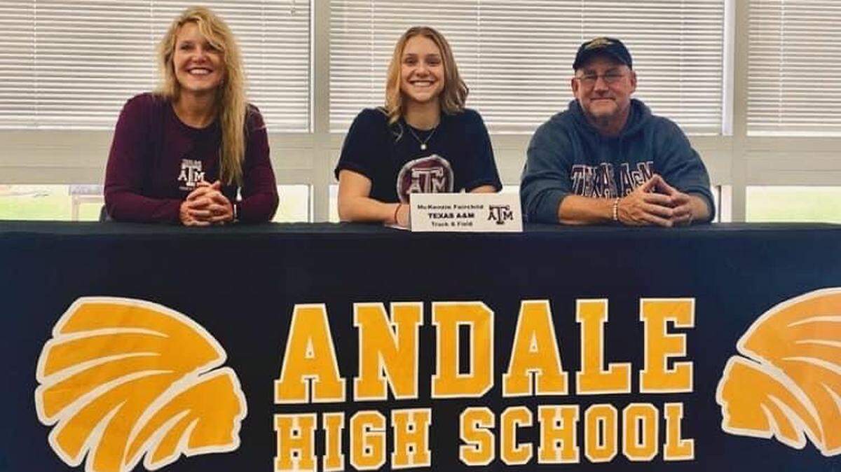 Andale senior McKenzie Fairchild signed her letter of intent to join her older sister, Katelyn, to throw the javelin for the Texas A&M women’s track and field team.