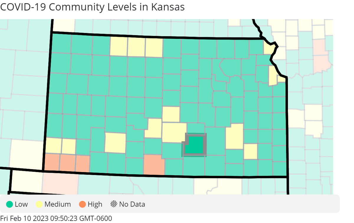 Map of all the Kansas counties COVID community levels as of Feb. 10, courtesy of the Centers for Disease Control and Prevention.