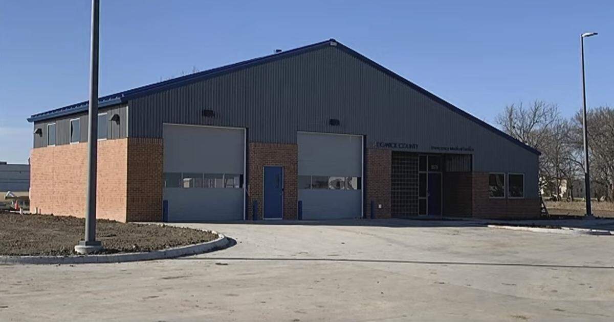 Photo of Sedgwick County EMS Post 15 at 3575 N. Webb Road. The county plans to build a new EMS Post 1 replicating the same pre-engineered metal building design as Post 15.