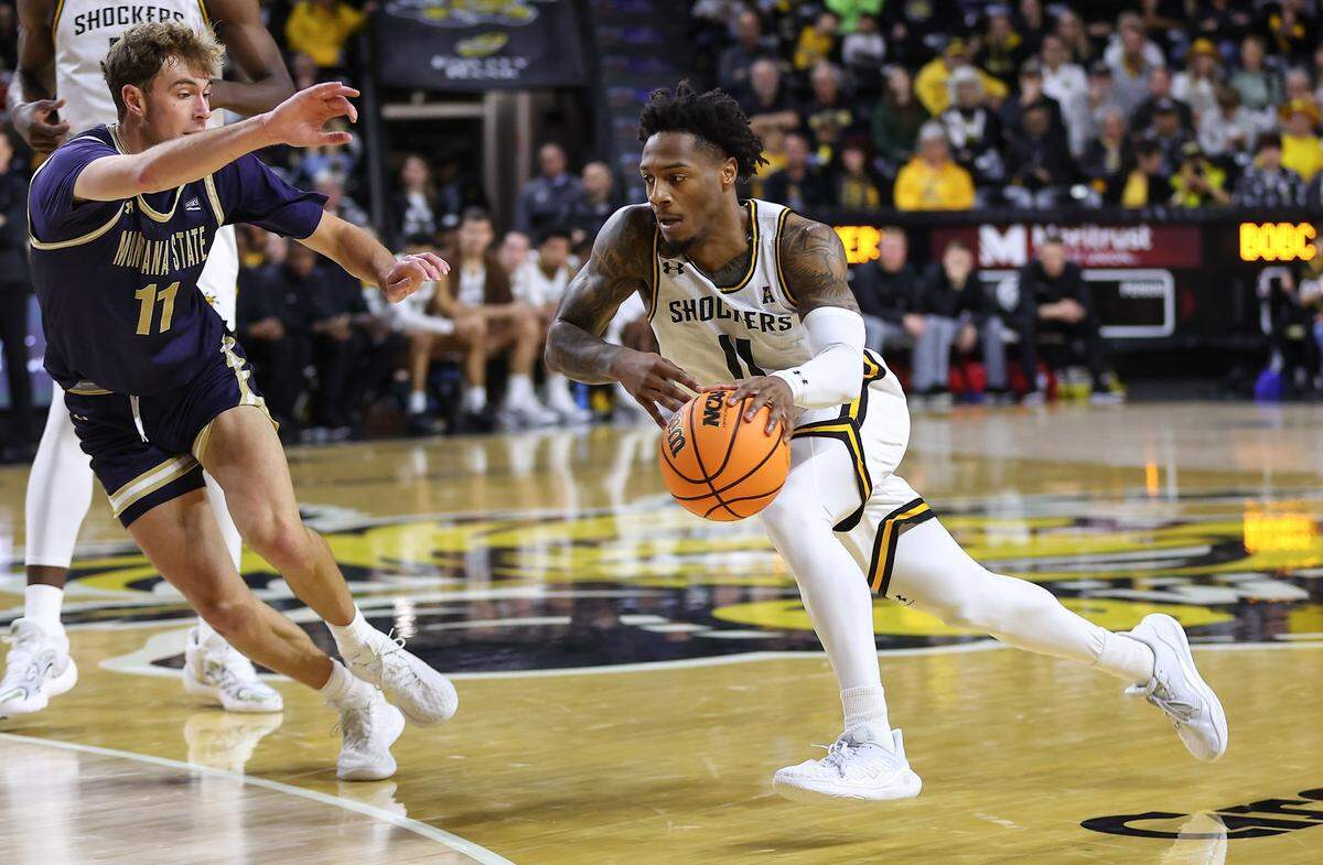 Wichita State basketball senior Justin Hill attacks Montana State’s defense off the dribble.