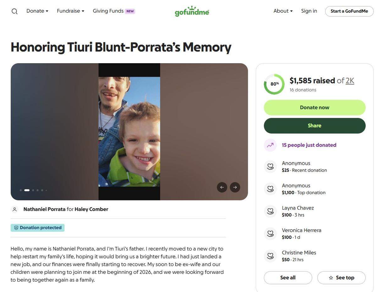 A GoFundMe fundraiser is collecting donations after 4-year-old Tiuri Blunt-Porrata was killed Monday.