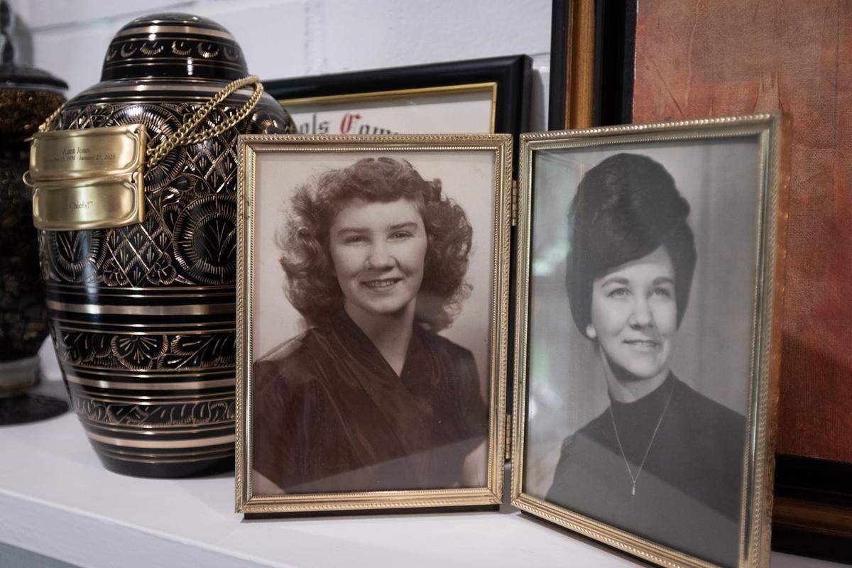 Joan Cody’s ashes rest in an urn at her South Kansas City, Missouri home. A tag reads “Go Chiefs” to honor Cody’s love of Kansas City’s football team.