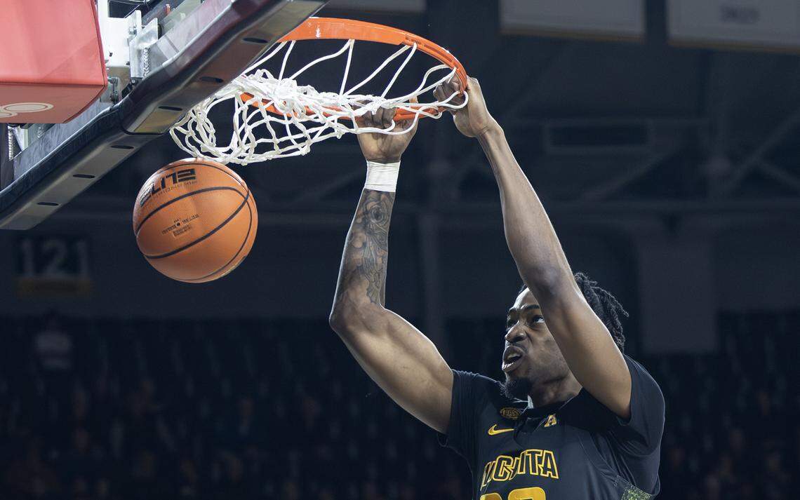 Wichita State’s Emmanuel Okorafor dunks the ball during the first half against East Carolina on Wednesday night at Koch Arena.