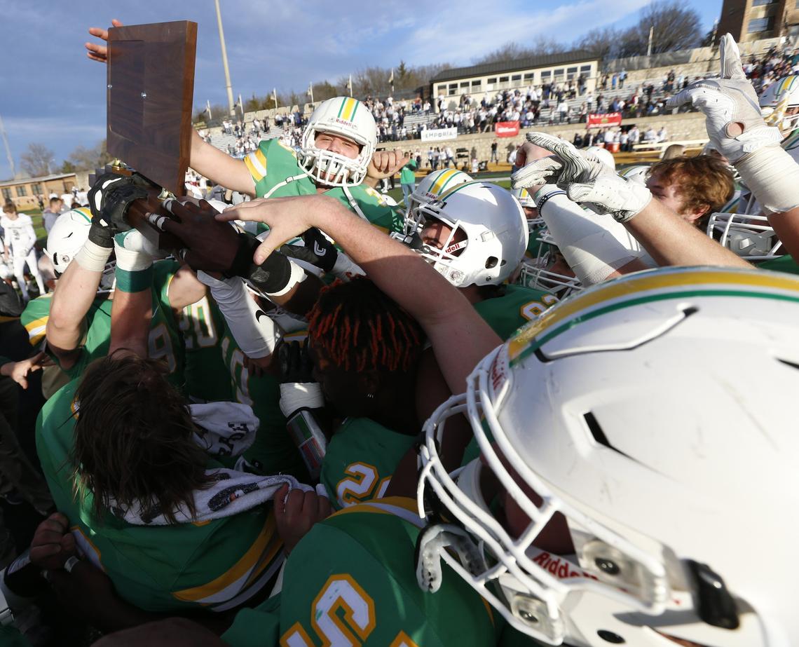 Derby High players celebrate their 6a Championship win over Blue Valley North Saturday in Emporia 24-16 (November 24, 2018)