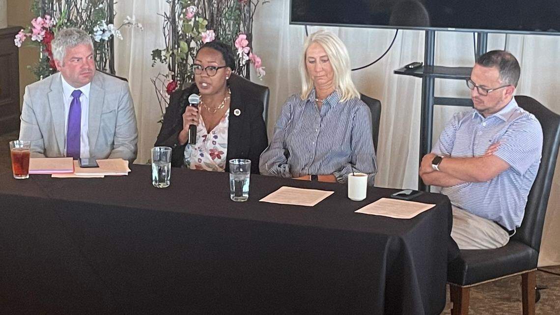 Kelly Arnold (left), Talia Penn, Renee Erickson and Ben Sauceda participate in a panel discussion at the Wichita Pachyderm Club.