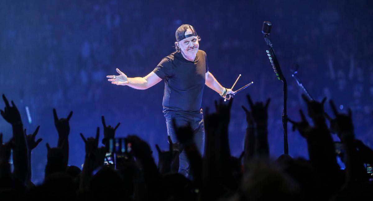 Drummmer Lars Ulrich entertains the crowd while his band Metallica plays for a record crowd of 15,690 at Intrust Bank Arena on Monday night.