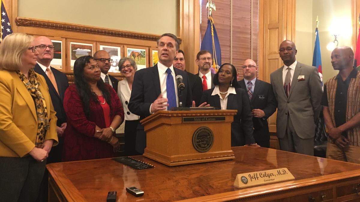 Gov. Jeff Colyer announces that job applications for state agencies will no longer ask about criminal history.
