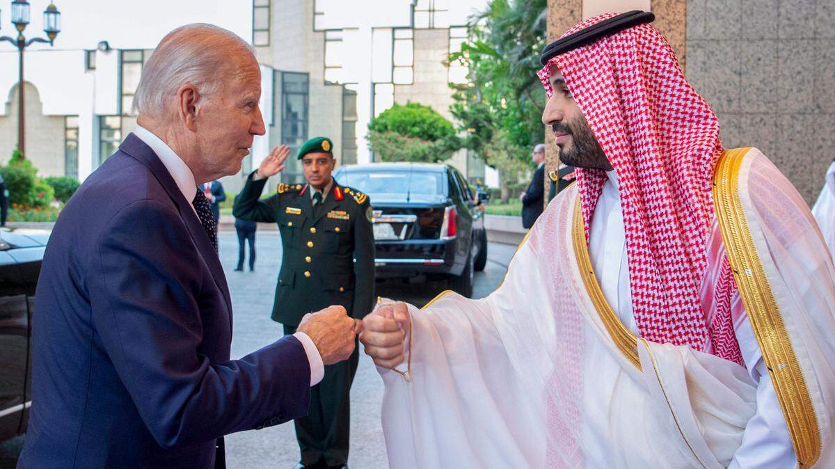 FILE - In this image released by the Saudi Royal Palace, Saudi Crown Prince Mohammed bin Salman, right, greets President Joe Biden with a fist bump after his arrival at Al-Salam palace in Jeddah, Saudi Arabia, July 15, 2022. (Bandar Aljaloud/Saudi Royal Palace via AP, File)