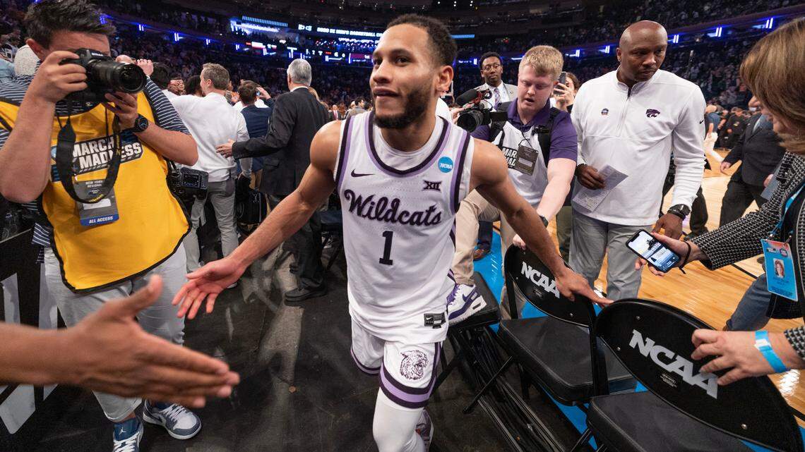 Kansas State’s Markquis Nowell heads for the stands after his record-setting performance led to a Sweet 16 overtime win over Michigan State at Madison Square Garden on Thursday night.