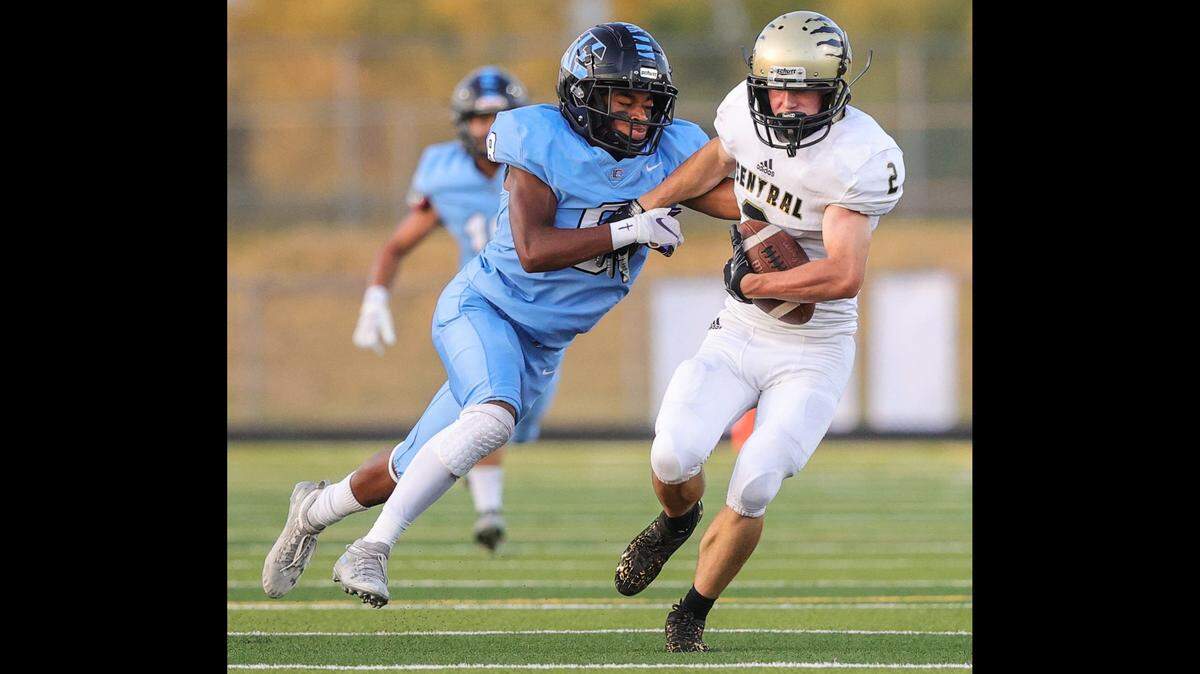 Andover Central receiver Cooper Tabor hauls in a pass in the Jaguars’ win over Goddard Eisenhower.