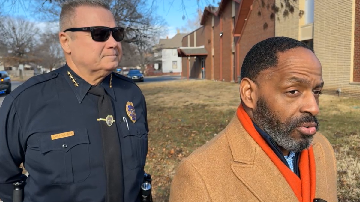 Wichita police spokesperson Andrew Ford (right) and chief Joe Sullivan give an update about a person injured in a reported explosion Friday afternoon.