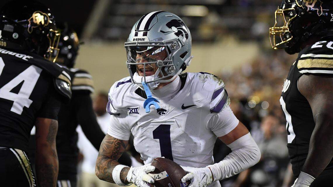 Kansas State Wildcats wide receiver Jayce Brown (1) celebrates after a touchdown during the second half against the Colorado Buffaloes at Folsom Field.