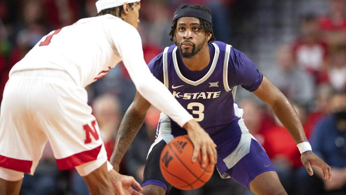 Kansas State’s Selton Miguel (3) guards against Nebraska’s Alonzo Verge Jr. (1) during the second half of an NCAA college basketball game Sunday, Dec. 19, 2021, in Lincoln, Neb. Kansas State defeated Nebraska 67-58. (AP Photo/Rebecca S. Gratz)
