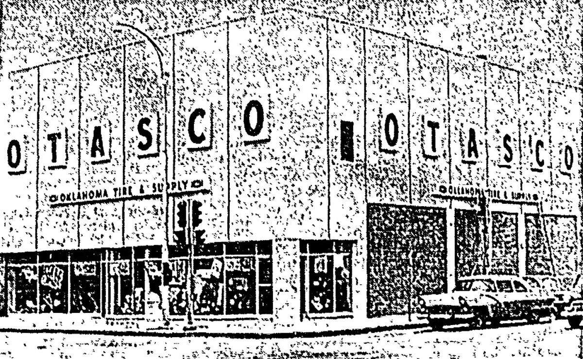 Otasco, an Oklahoma-based auto supplies chain, opened in the building in 1965 and put up the stucco and marble chip cladding that covered the original brickwork and remained until 2019.