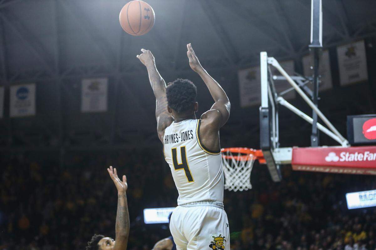 Wichita State guard Samajae Haynes-Jones shoots what turned out to be the game winner during the second half of their game against Connecticut at Koch Arena on Thursday.