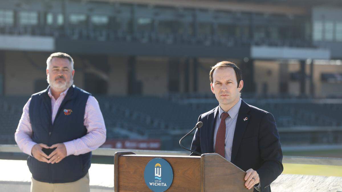 Wichita Mayor Brandon Whipple, right, has been cleared by the Wichita Ethics Advisory Board after Council Member Bryan Frye, left, filed a complaint against him. The two are shown here at a 2020 news conference at Riverfront Stadium.