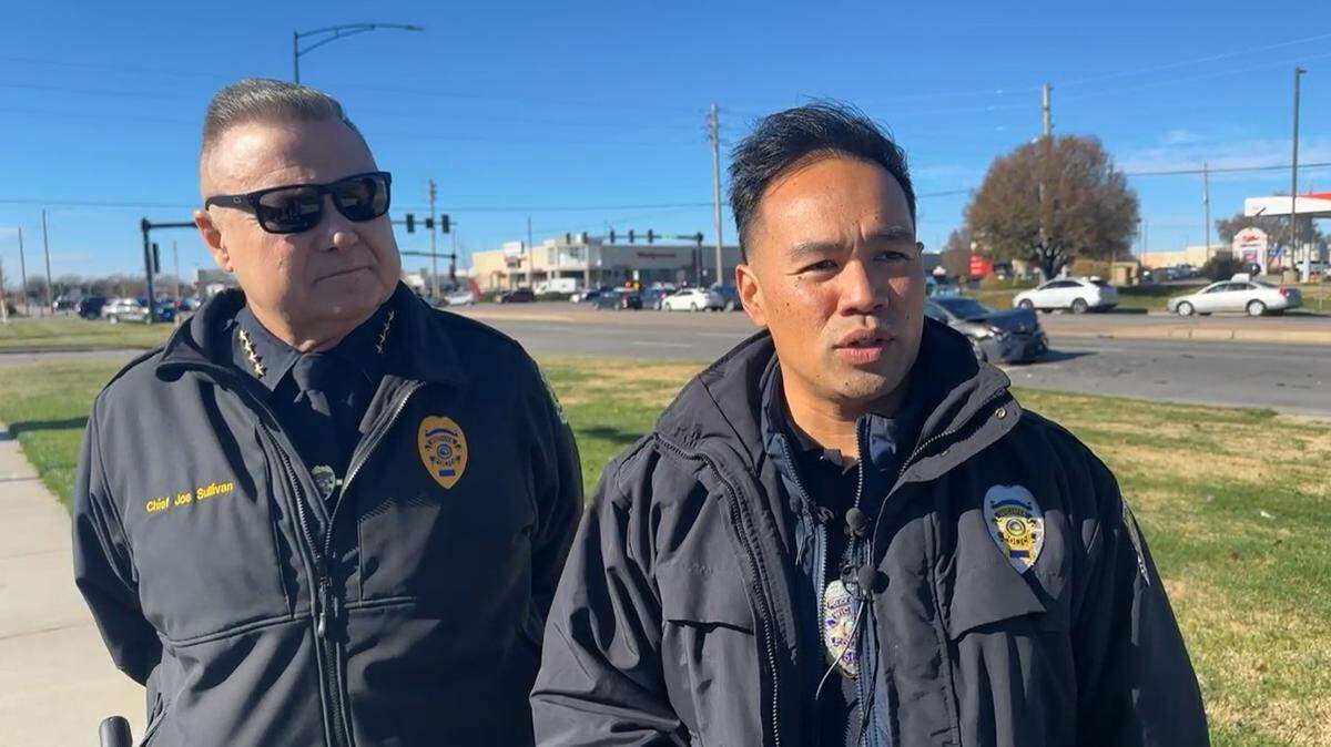 Wichita Police Chief Joe Sullivan and Public Information Officer Kris Gupilan address members of the media during a briefing about the 21st and Maize crash.