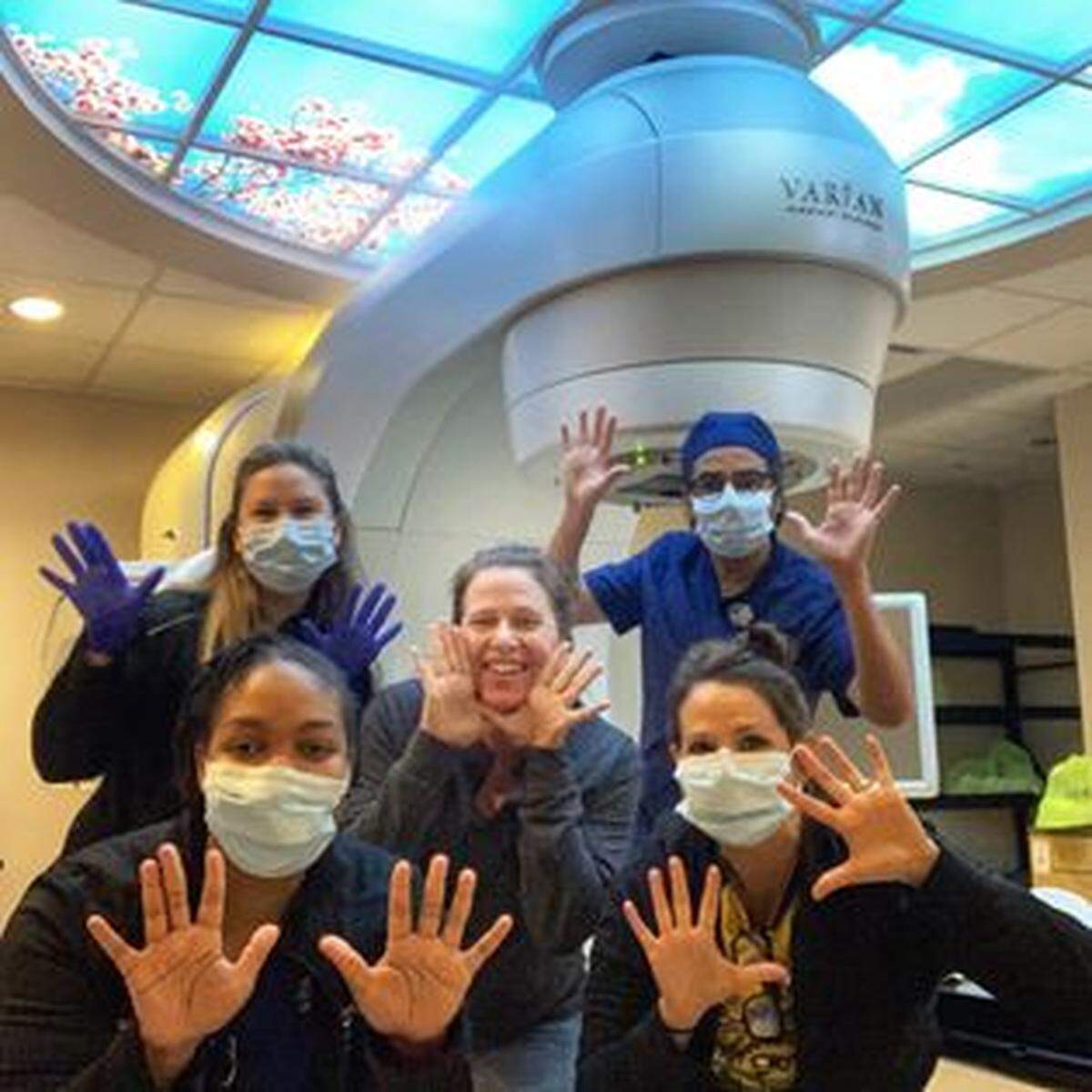 I became pretty close the the radiation techs at MD Anderson, who I saw every day. Here I am in front of the big machine with them and my friend Katie Grover, bottom right, who gave up a week to come take care of me in Houston.