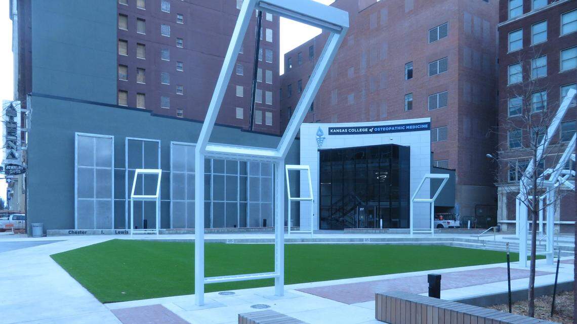 Wichita’s newest park seeks to blend a tribute to civil rights icon Chester I. Lewis with an entryway to the new osteopathic medical school. The empty frames will include artwork and historical information about Lewis.
