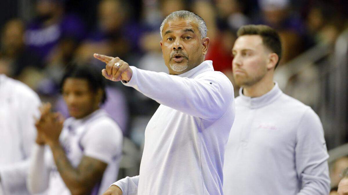 Kansas State head coach Jerome Tang communicates with his team during the second half of an NCAA college basketball game against Nebraska in Kansas City, Mo., Saturday, Dec. 17, 2022.