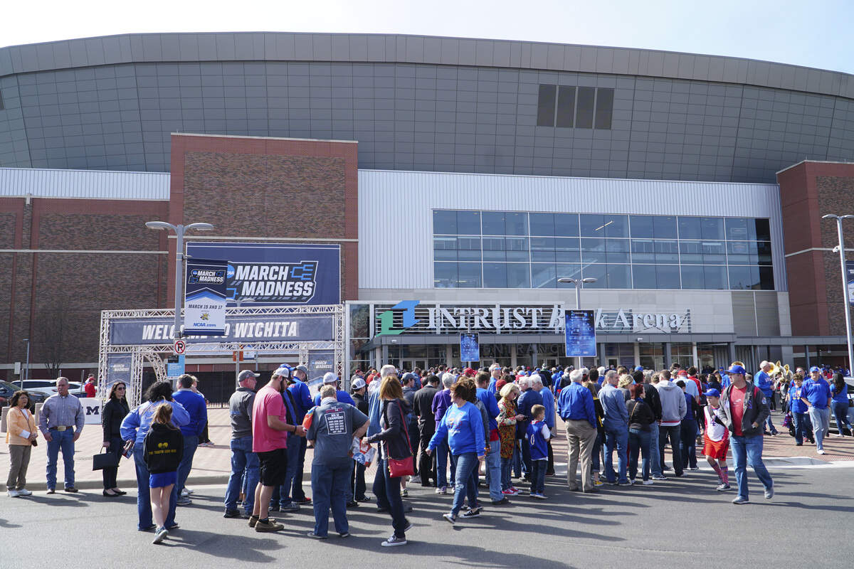 A crowd waits to get into the Kansas first-round NCAA Tournament game at Intrust Bank Arena on March 15, 2018.