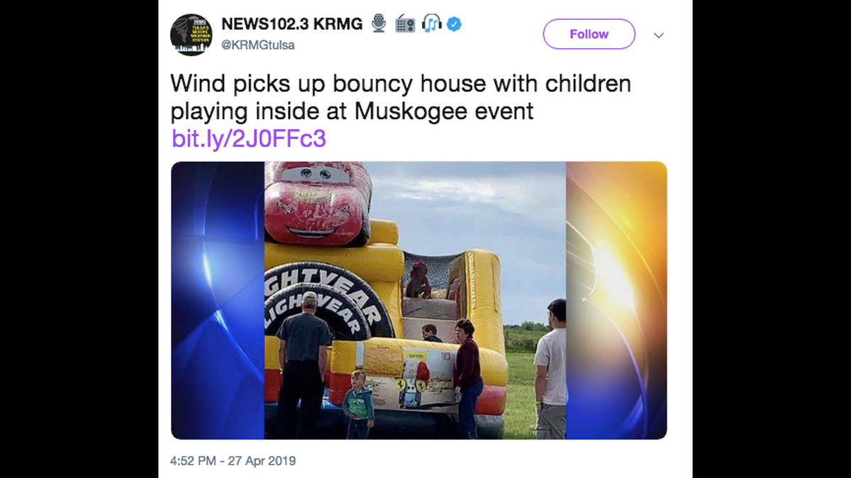 A “strong gust of wind” picked up a bounce house while three kids were inside at the Touch-A-Truck event in Oklahoma, the Muskogee Public Library said.