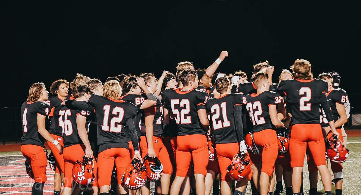 The El Dorado football team celebrates its first playoff win in school history following a 46-14 win over Winfield last Friday in the opening round of the Class 4A playoffs.