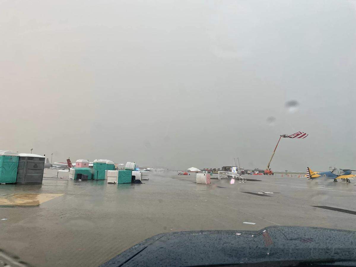 Tipped over porta potties dotted the flight line at McConnell AFB, as shown in this photo shared by Kansas Highway Patrol Trooper Joe Owens on Sunday.