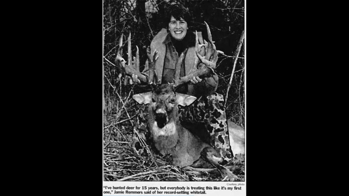 Jamie Remmers shot what was then the biggest U.S. non-typical whitetail buck shot by a female in this 1997 photo she shared with The Eagle.