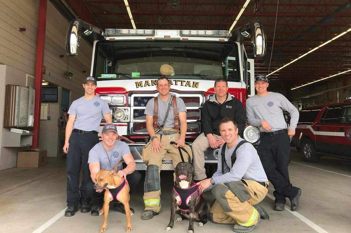 Manhattan, Kansas, firefighter (from back left) Nick Jankovich, Drew Taylor, Keith Habbart, Nate Hollenback, Ty Voth and Micah Hydeman pose for a photo. Voth, a Wichita firefighter, died in a house fire Thursday.