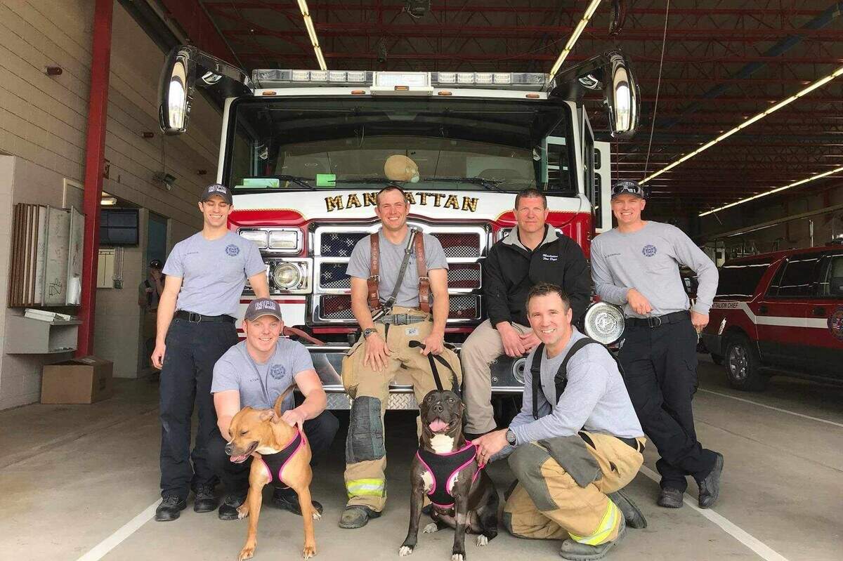 Manhattan, Kansas, firefighter (from back left) Nick Jankovich, Drew Taylor, Keith Habbart, Nate Hollenback, Ty Voth and Micah Hydeman pose for a photo. Voth, a Wichita firefighter, died in a house fire Thursday.