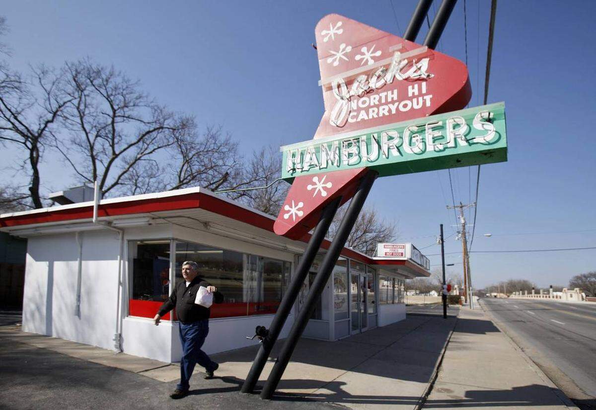 Buildings aren’t the only structures people debate about saving. Some Wichitans love the city’s old signs, such as this one at Jack’s North Hi Carryout before it was irrevocably changed when a new restaurant moved in.