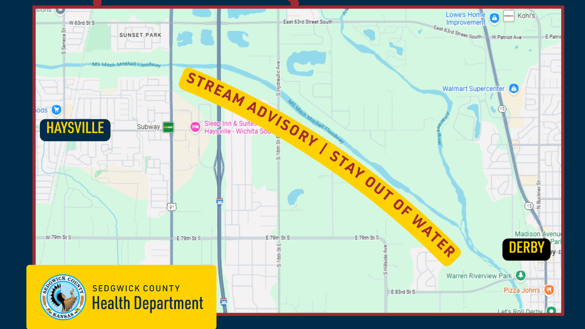The Kansas Department of Health and Environment provided this map to show the site of the active stream advisory along the MS “Mitch” Mitchell Floodway near Haysville.