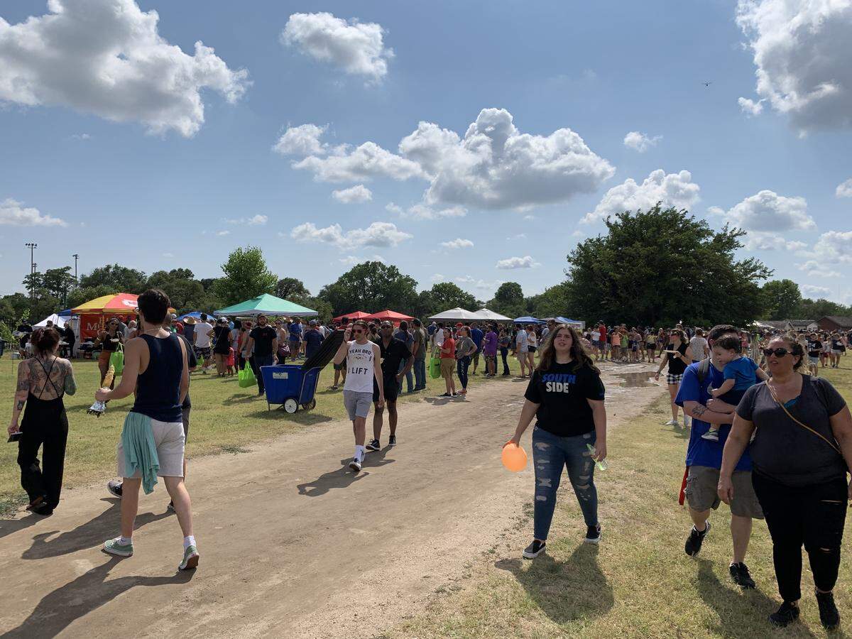 People stood in long lines on Saturday to sample $1 tacos at the Wichita Taco Fest.