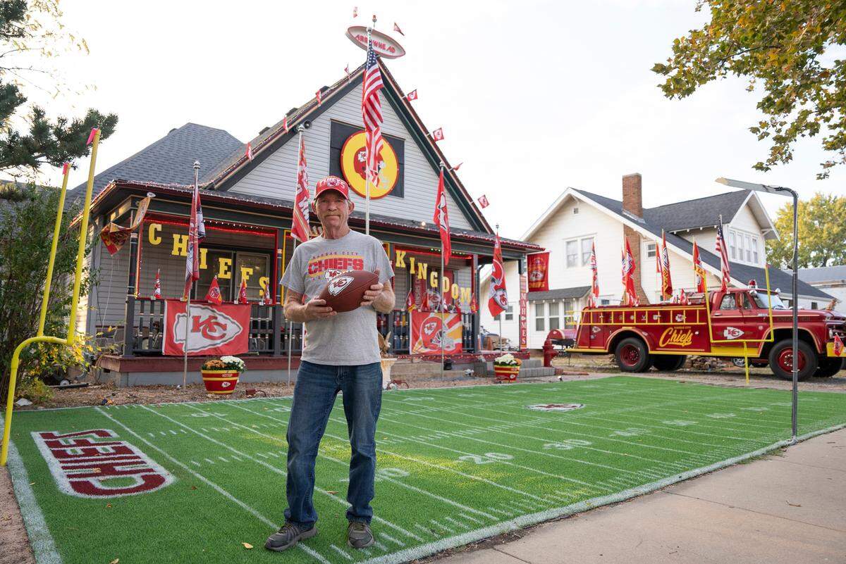 Dennis Basye, 71, has created his own “Chiefs Kingdom” at his home in Sedgwick. The 71-year-old has been a diehard Chiefs fan since 1969. His display includes a field in his front yard, lights, sirens and a 1965 Chevrolet firetruck that he and a friend have restored.
