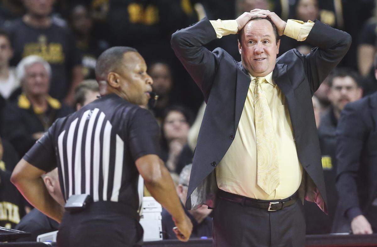 Wichita State coach Gregg Marshall disagrees with a call during the first half against Memphis on Thursday at Koch Arena.