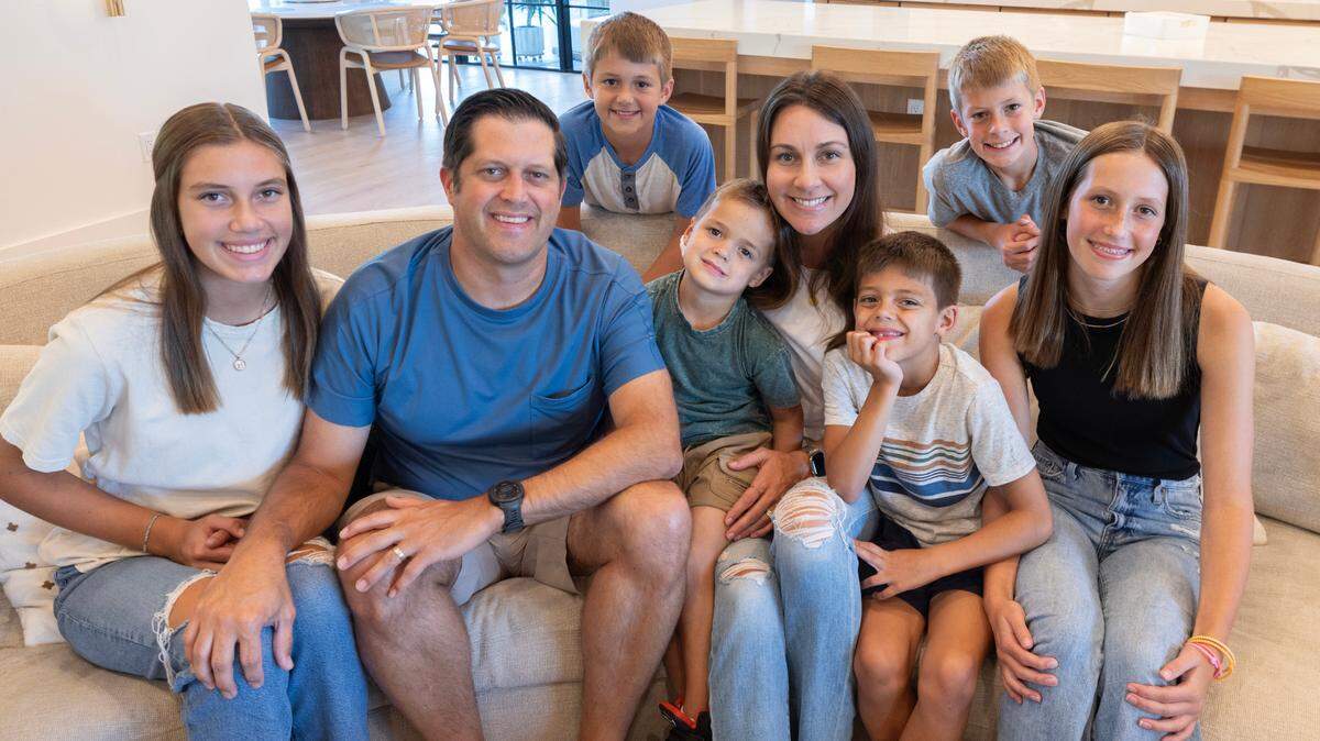 The Rolph family at home, including, from left: Emma, Jon, Peter, Bear, Lauren, Austin, David and Olivia. The family has been through a lot since Jon Rolph was diagnosed with a rare form of cancer in August 2023. They said they’ve also felt an overwhelming amount of love and support.