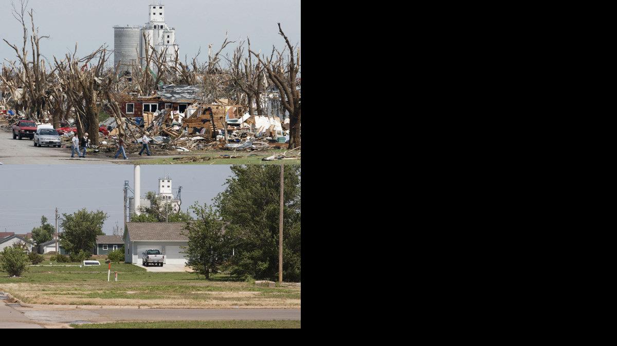 This view, looking from the south end of Greensburg to the north, shows what it looked like a few days after the town was leveled by a tornado and what it looks like today.  (May 1, 2012)
