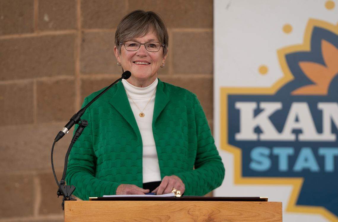 Kansas Governor Laura Kelly is announced at the start of the debate with Kansas Attorney General Derek Schmidt debate at the Kansas State Fair in Hutchinson on Sept. 10, 2022.