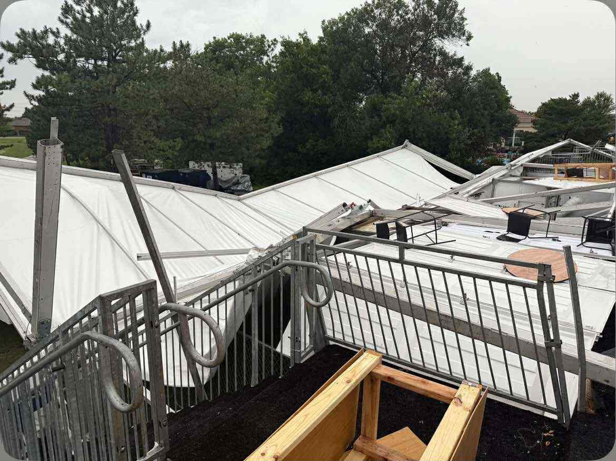 Severe winds early Tuesday inflicted significant damage on spectator areas at Crestview Country Club, just two days before the start of the Wichita Open.