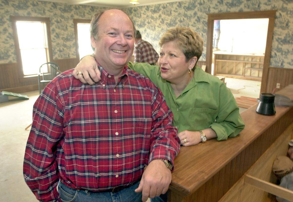 Brookville Hotel at Abilene owners Mark and Connie Martin in one of the dining rooms under construction in 2000.